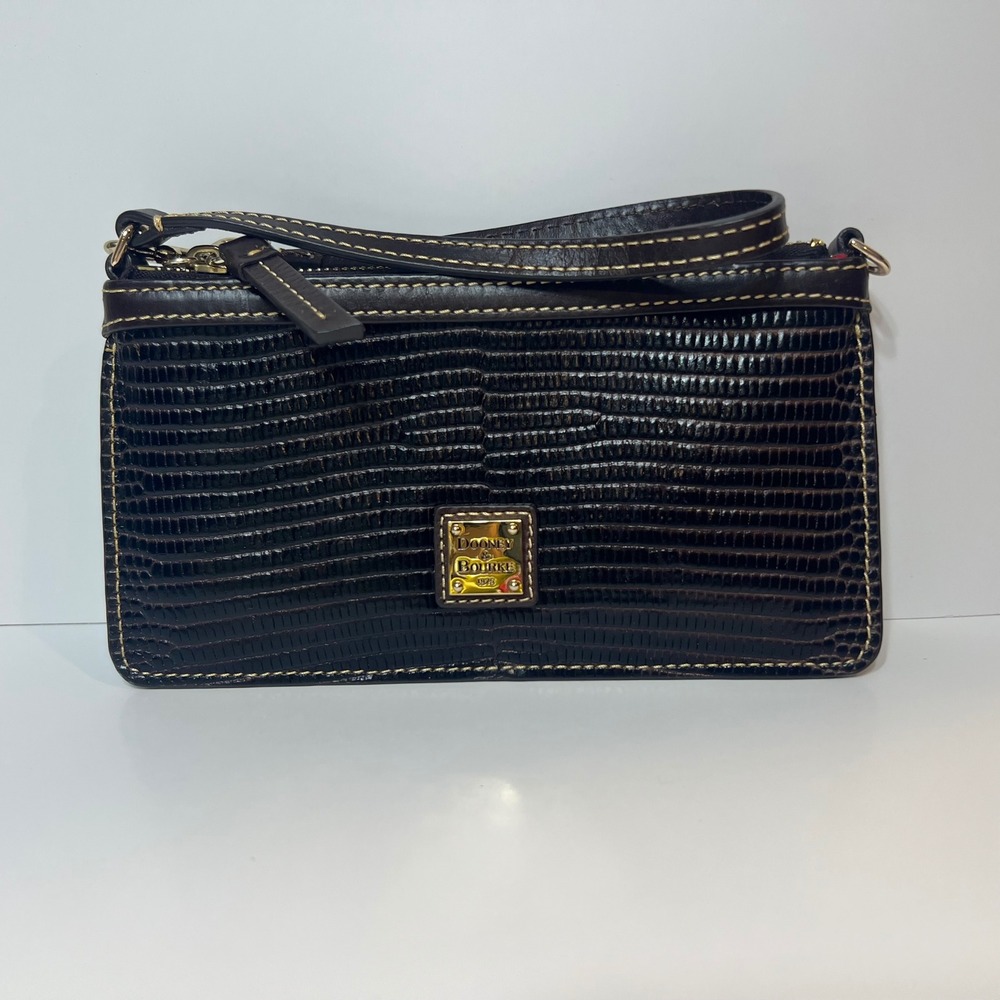 Dooney & Bourke Lizard Embossed Leather Wristlet Dark Brown Chocolate Gold Logo